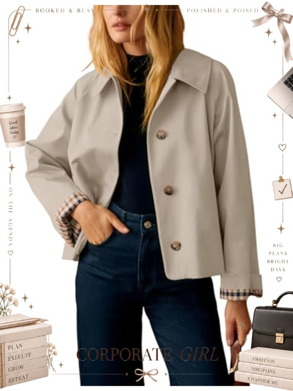 Cropped Trench Coat Casual Polyester Outerwear Jacket